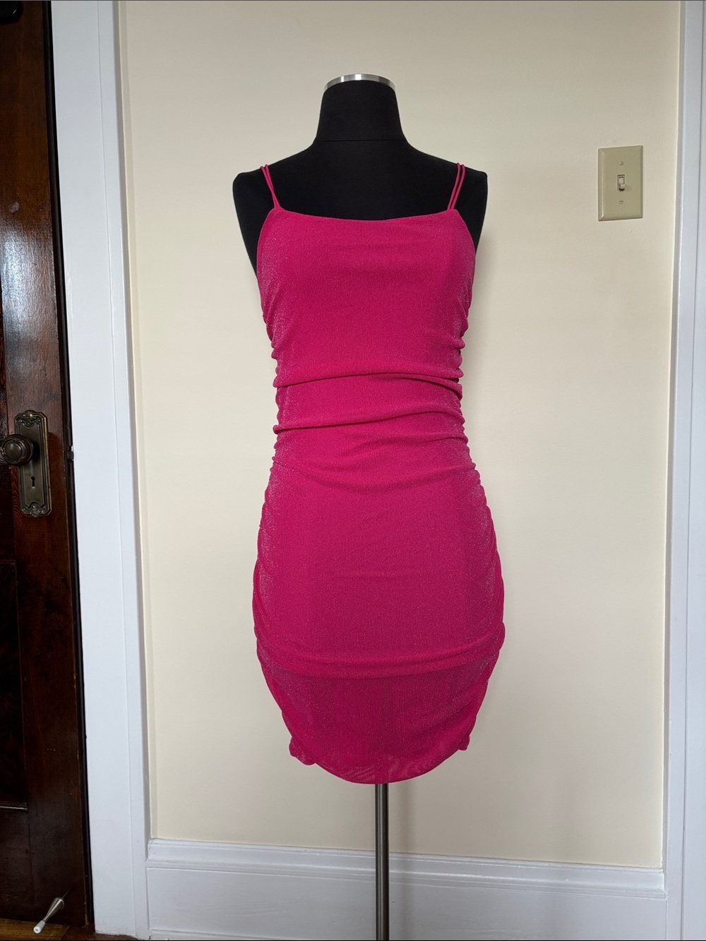 Hot Pink Shimmery Ruched Bodycon Mini Dress Barbie Pink Glam